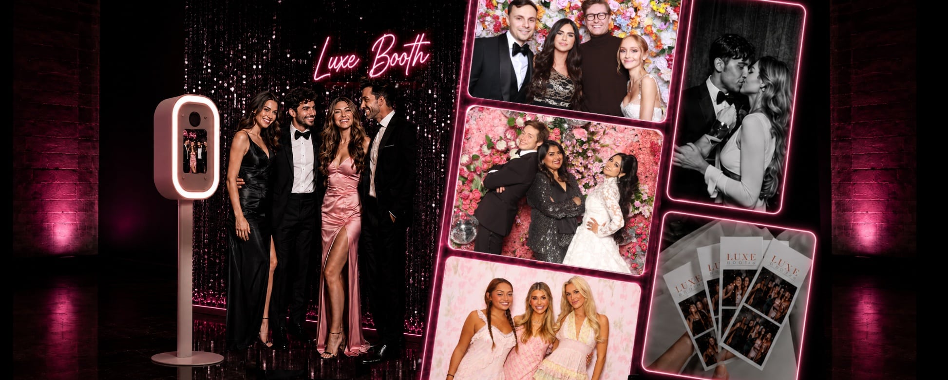 Group of adults in formal wear posing in a glam Luxe Booth setup with pink neon sign and collage photo frames on the right edge